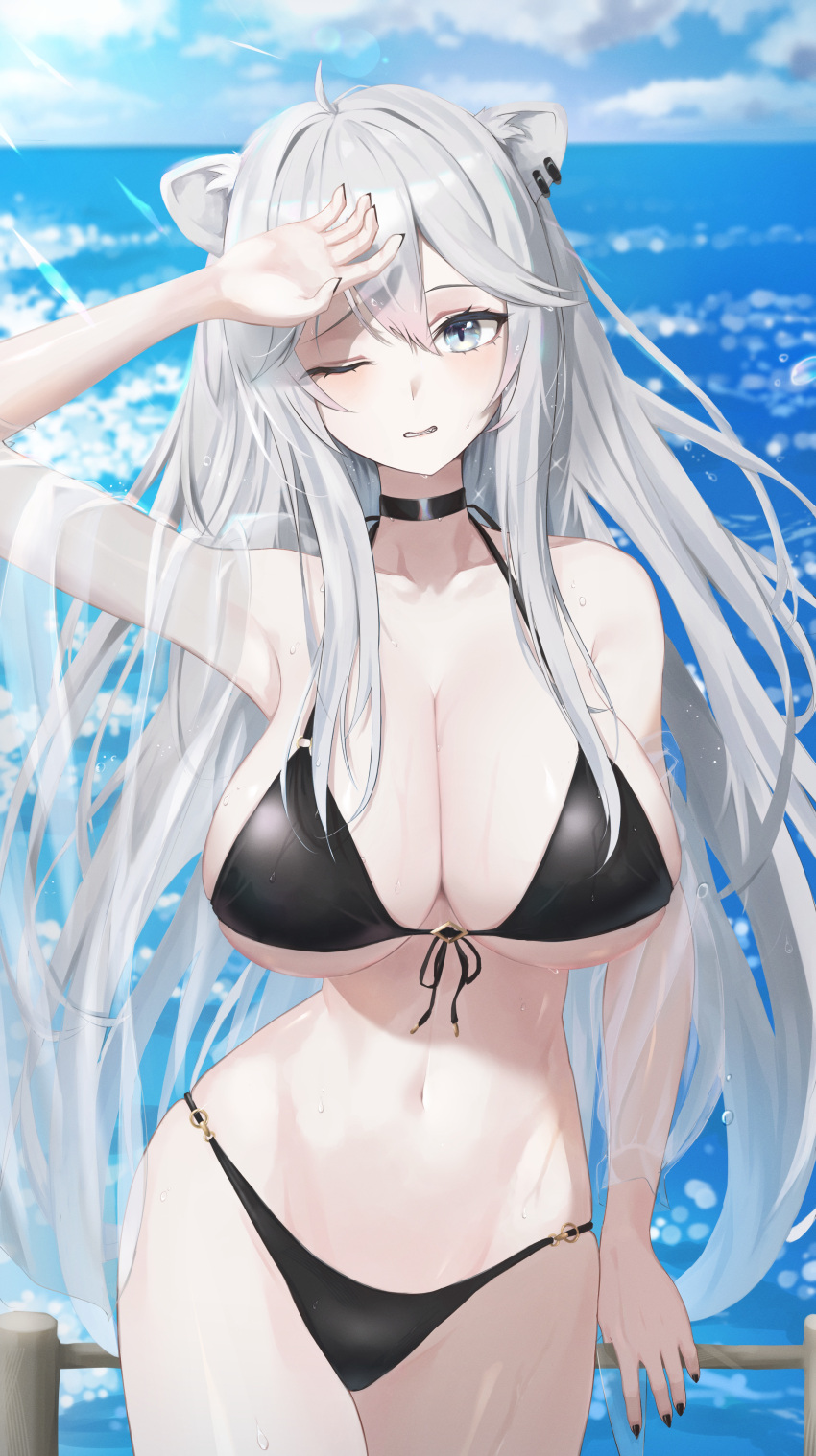 ;d absurdres against_railing ahoge animal_ears arm_at_side arm_up armpits bikini black_bikini black_choker black_ribbon blue_eyes blush breasts choker cleavage cowboy_shot day front-tie_bikini front-tie_top highres hololive kingudejii large_breasts lion_ears long_hair looking_at_viewer ocean one_eye_closed outdoors parted_lips railing ribbon shishiro_botan smile solo swimsuit very_long_hair water white_hair