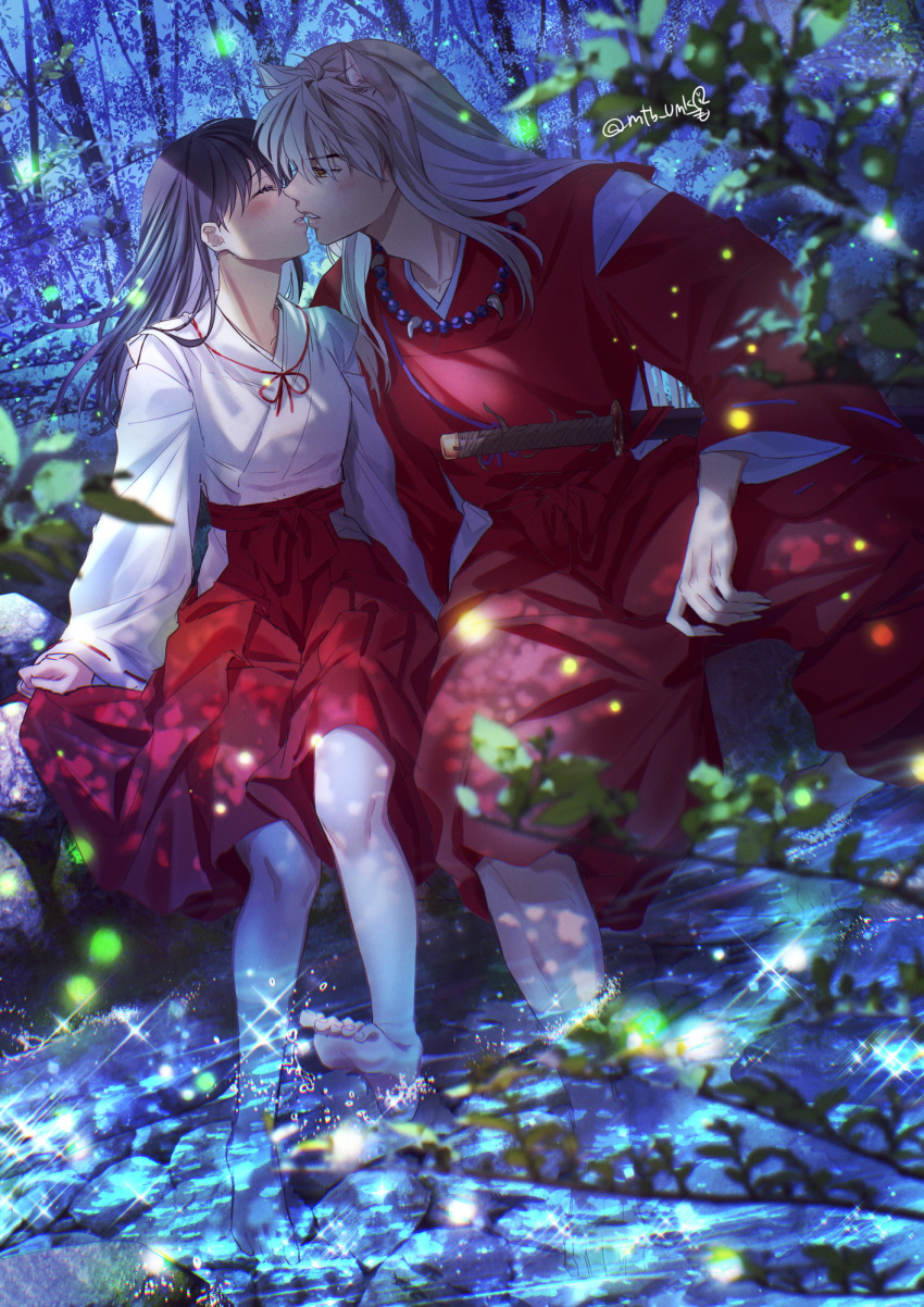 1boy 1girl animal_ears bangs black_hair blush closed_eyes commentary_request couple dog_ears fangs fingernails forest hair_between_eyes hakama hetero highres higurashi_kagome imminent_kiss inuyasha inuyasha_(character) japanese_clothes kariginu katana knees long_hair long_sleeves looking_at_another miko motobi_(mtb_umk) nature night open_mouth orange_eyes outdoors pants red_pants sandals sharp_fingernails sitting sword twitter_username weapon white_hair wide_sleeves