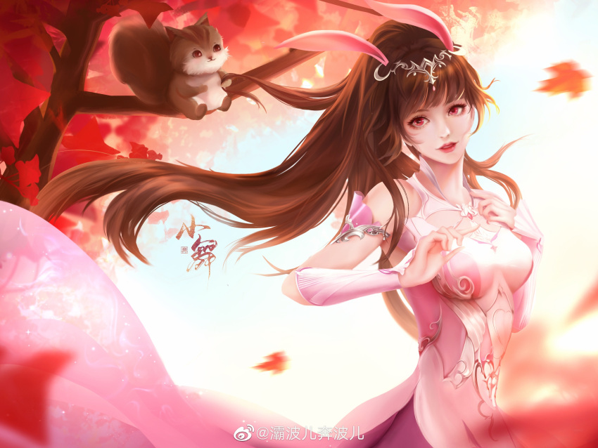 1girl absurdres animal_ears ba_bo_er_benbo_er branch breasts brown_hair collar douluo_dalu dress falling_leaves hand_on_own_shoulder highres leaf long_hair looking_to_the_side medium_breasts metal_collar open_mouth pink_dress pink_eyes ponytail rabbit_ears sitting solo squirrel teeth upper_body xiao_wu_(douluo_dalu)