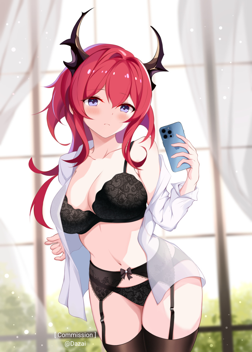 1girl absurdres arknights bangs black_panties black_thighhighs blush breasts cellphone cleavage collarbone commentary cowboy_shot curtains garter_belt hair_between_eyes hair_intakes hand_up head_tilt highres holding holding_phone indoors large_breasts long_hair long_sleeves looking_at_viewer navel off_shoulder open_clothes open_shirt panties penguin_uwu phone purple_eyes red_hair shirt single_bare_shoulder smartphone solo standing stomach surtr_(arknights) thighhighs thighs underwear white_shirt window