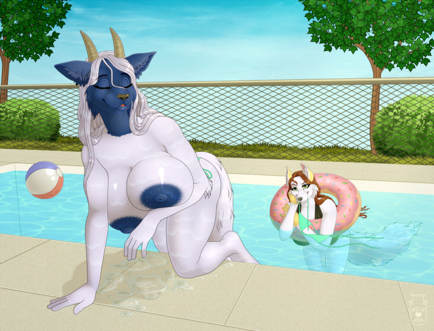 aislinn_diarse all_fours anthro areola ball beach_ball big_breasts bikini bikini_bottom bikini_top breasts brown_hair butt clothed clothing digital_media_(artwork) duo eyes_closed female fur green_eyes hair huge_breasts inflatable inflation mammal milk-jug open_mouth outside pool_toy poolside smile swimming_pool swimwear thick_thighs tongue topless water wet white_body white_fur white_hair