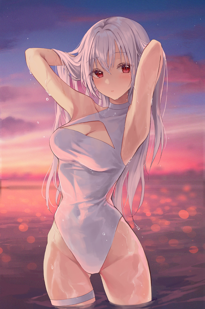 1girl armpits arms_up ass_visible_through_thighs bangs breasts casual_one-piece_swimsuit cleavage cleavage_cutout closed_mouth clothing_cutout covered_collarbone covered_navel cowboy_shot evening gradient_sky grey_hair hands_in_hair heeri highres long_hair looking_at_viewer medium_breasts ocean one-piece_swimsuit original outdoors red_eyes sky solo sunlight sunset swimsuit wading water white_swimsuit