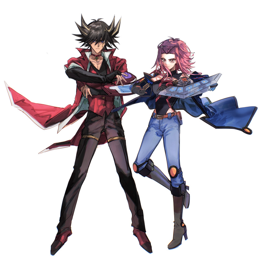 1boy 1girl absurdres bangs bare_shoulders between_fingers black_hair blonde_hair blue_eyes boots brown_eyes card choker cosplay costume_switch denim duel_disk facial_tattoo fingerless_gloves fudou_yuusei fudou_yuusei_(cosplay) gloves hand_up high_heel_boots high_heels highres holding holding_card izayoi_aki izayoi_aki_(cosplay) jacket jeans knee_pads long_hair multicolored_hair naoki_(2rzmcaizerails6) open_clothes open_jacket pants pectoral_cleavage pectorals red_hair shoes spiked_hair standing streaked_hair tattoo yu-gi-oh! yu-gi-oh!_5d's