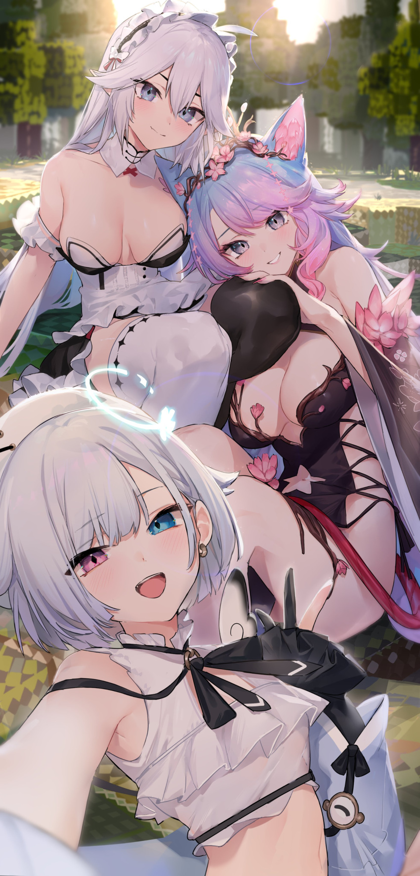 3girls absurdres ahoge amemiya_nazuna animal_ear_fluff animal_ears armpits asymmetrical_legwear bare_shoulders beret black_gloves black_thighhighs blue_eyes blue_hair branch breasts cherry_blossoms crop_top detached_collar earrings gloves halo hat heterochromia highres hugging_another's_leg jewelry large_breasts light_blush long_hair looking_at_viewer maid_headdress midriff mismatched_legwear multicolored_hair multiple_girls navel neonbeat outdoors pink_hair purple_eyes reaching_out selfie short_hair silvervale sitting sleeveless smile thighhighs vei_(vtuber) virtual_youtuber vshojo w white_thighhighs
