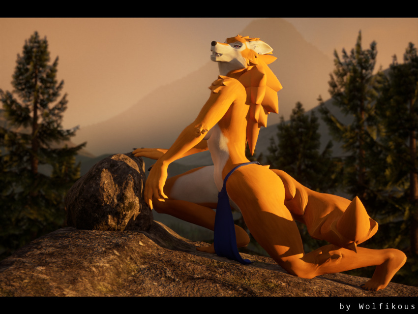 3d_(artwork) anthro black_nose black_sclera bottomwear canid canine canis clothing day digital_media_(artwork) female foggy_background fur hi_res howl kneeling loincloth looking_away mammal outside petruz_(copyright) plant rock solo tree unreal_engine unreal_engine_5 wolf wolf_(petruz) wolfikous yellow_body yellow_fur