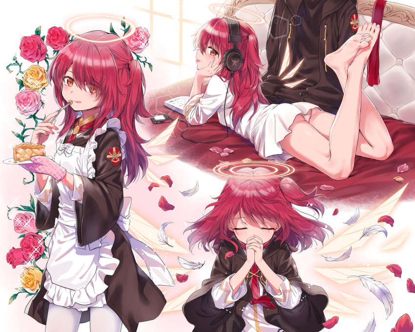 1girl :q absurdres alternate_costume alternate_hair_length alternate_hairstyle apron arknights barefoot black_coat book cake cake_slice closed_eyes coat crossed_ankles dress exusiai_(arknights) feathers feet flower food halo headphones highres holding jacket jacket_removed kataokasan legs_up long_hair looking_at_viewer lying maid_apron mittens multiple_views on_stomach one_side_up own_hands_clasped own_hands_together panties pantyhose pantyshot pink_panties plate red_eyes red_flower red_hair rose second-party_source the_pose thighs tongue tongue_out underwear white_dress wide_sleeves wings younger