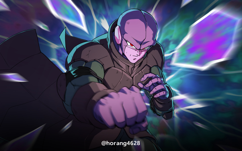 1boy absurdres battle_damage closed_mouth colored_skin dragon_ball dragon_ball_super highres hit_(dragon_ball) horang4628 incoming_attack incoming_punch looking_at_viewer male_focus motion_blur punching purple_skin red_eyes serious solo upper_body