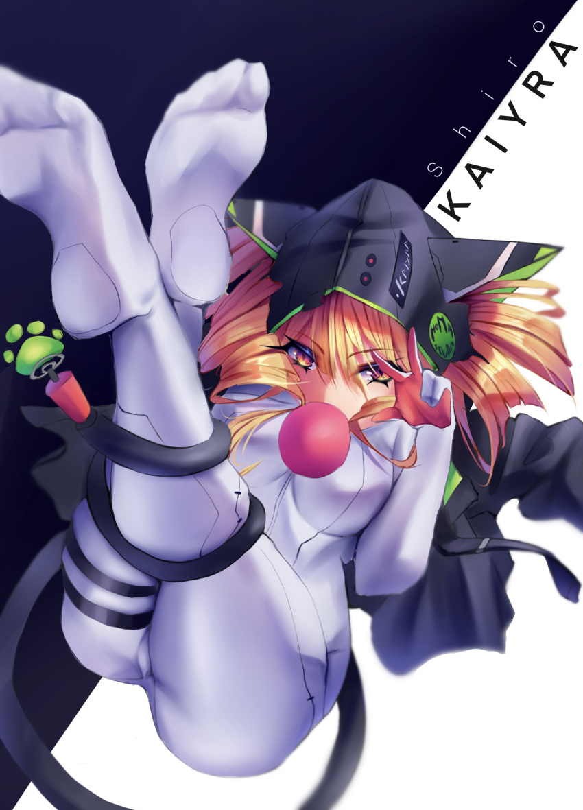 1girl absurdres animal_hood ball bangs black_jacket blonde_hair bodysuit breasts cat_tail character_name drill_hair gloves highres hood hooded_jacket impossible_bodysuit impossible_clothes jacket kaiyra large_breasts long_hair long_sleeves looking_at_viewer multicolored_eyes shiro_(tower_of_fantasy) solo tail thigh_strap tower_of_fantasy twin_drills white_bodysuit white_gloves