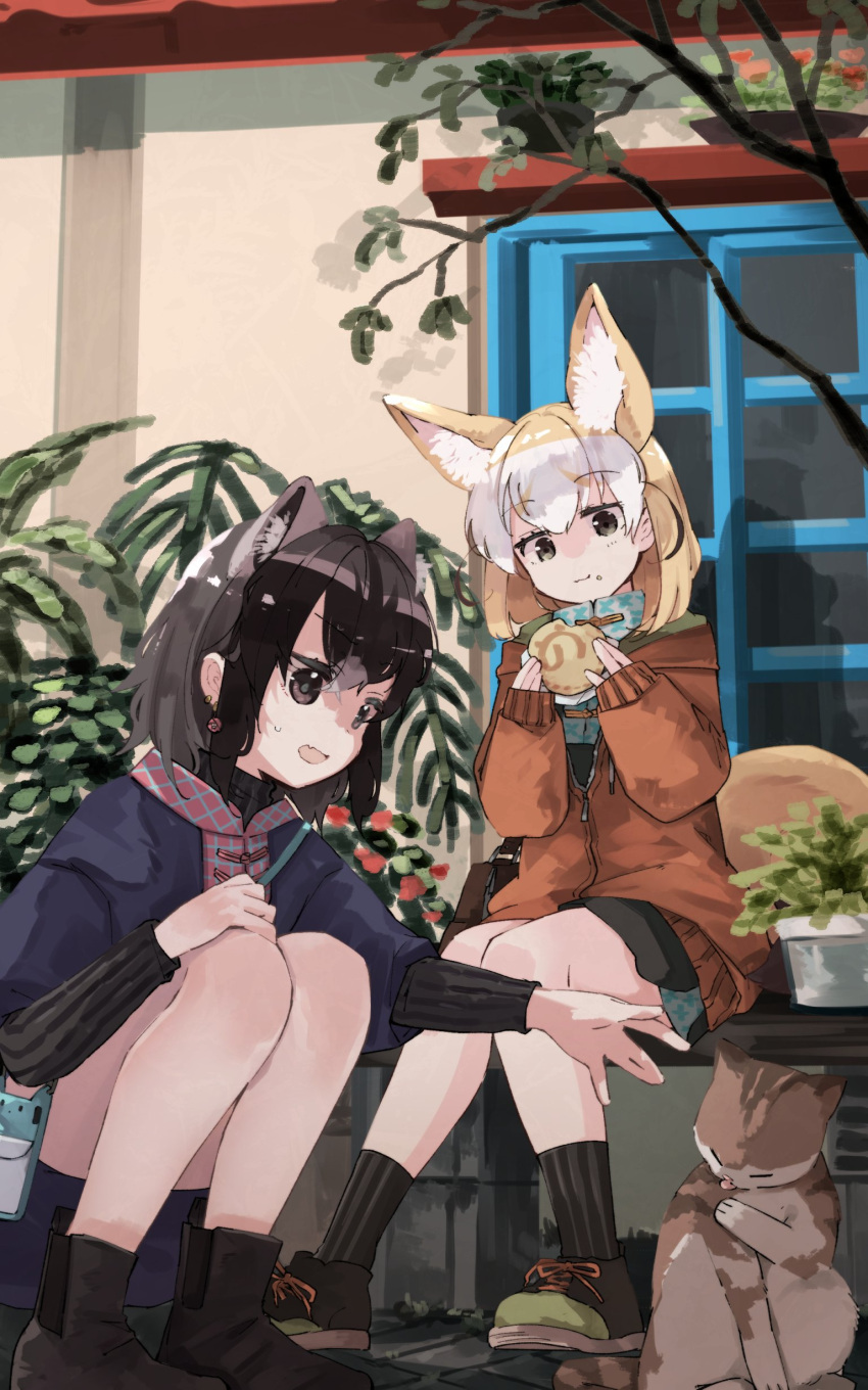 2girls absurdres alternate_costume animal_ears black_socks blonde_hair blue_jacket boots brown_eyes brown_footwear casual cat commentary_request common_raccoon_(kemono_friends) eating extra_ears fennec_(kemono_friends) food fox_ears fox_girl fox_tail grey_hair highres jacket japari_bun japari_symbol kemono_friends long_sleeves multicolored_hair multiple_girls nanana_(nanana_iz) orange_jacket raccoon_ears raccoon_girl raccoon_tail shoes short_hair sitting sneakers socks squatting tail white_hair