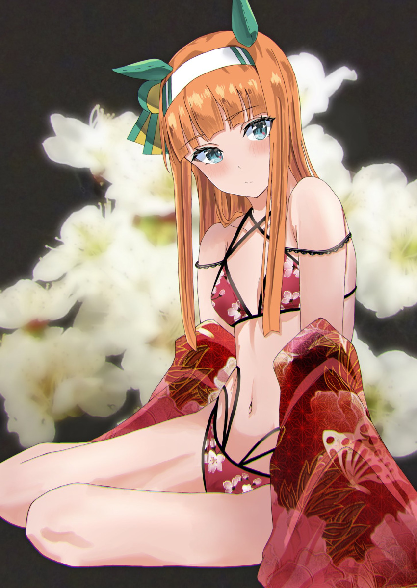 1girl alumina_(kennmeidesu) animal_ears arm_support bangs bikini blue_eyes blush breasts commentary_request floral_background floral_print flower hair_ornament hairband highres horse horse_ears horse_girl japanese_clothes kimono legs long_hair looking_at_viewer navel on_floor orange_hair print_kimono red_bikini red_kimono silence_suzuka_(umamusume) sitting small_breasts smile solo stomach swimsuit thighs umamusume white_flower white_hairband