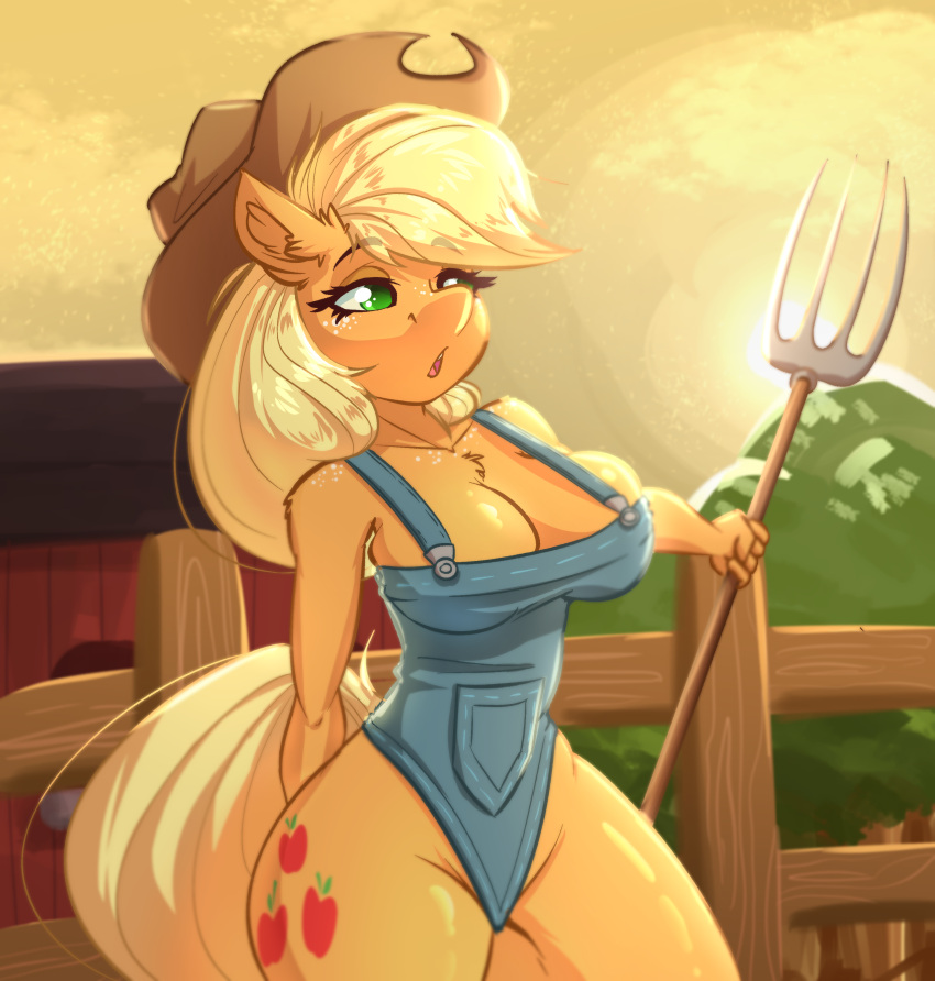 absurd_res anthro anthrofied applejack_(mlp) blonde_hair breasts chest_tuft cleavage clothed clothing equid equine female friendship_is_magic fur hair hi_res holding_object mammal my_little_pony orange_body orange_fur pitchfork solo tools tuft wide_hips witchtaunter