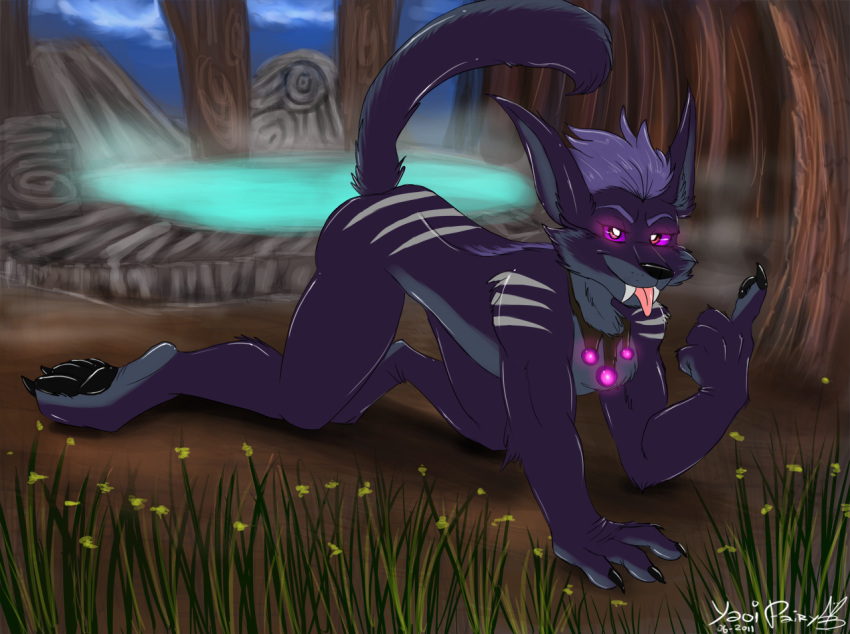 2011 all_fours anthro black_claws black_nose black_pawpads cheek_tuft chest_tuft claws dated facial_tuft finger_claws fur glistening glistening_eyes glistening_nose glistening_pawpads glowing glowing_eyes grass grey_body grey_fur grey_inner_ear grey_tail looking_at_viewer male on_ground outside pawpads pink_sclera plant purple_body purple_ears purple_eyes purple_fur purple_tail signature solo striped_arms stripes toe_claws tree tuft water white_stripes yaoifairy