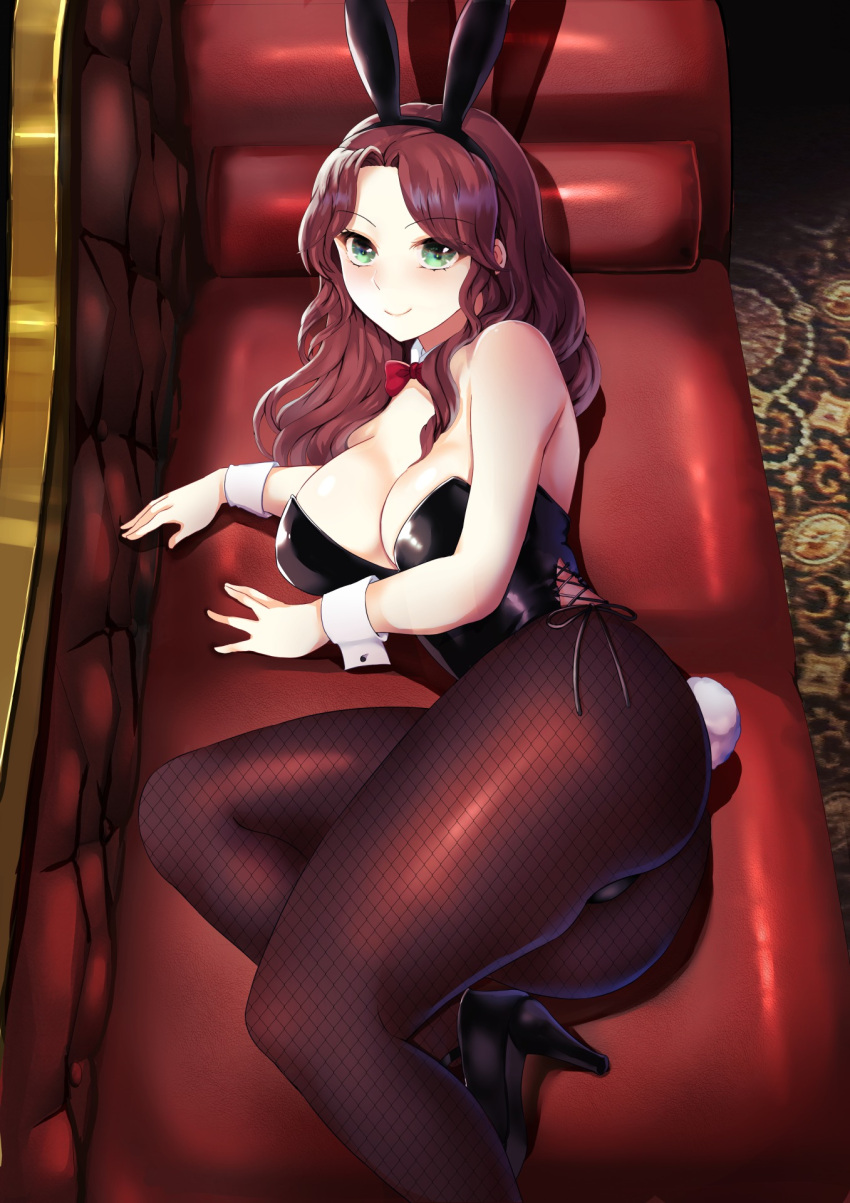 1girl animal_ears bare_shoulders black_leotard breasts carpet cleavage couch dorothea_arnault fake_animal_ears fire_emblem fire_emblem:_three_houses fire_emblem_heroes forehead green_eyes high_heels highres leotard lying on_side pantyhose playboy_bunny rabbit_ears rabbit_tail tail tara_(szzj7733) wrist_cuffs