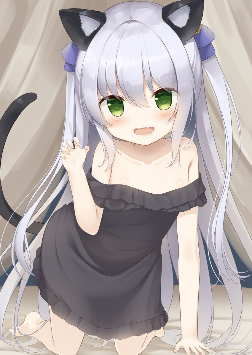 1girl all_fours animal_ear_fluff animal_ears arm_up bare_shoulders barefoot black_dress breasts cat_ears cat_girl cat_tail character_request claw_pose dress flower_knight_girl grey_hair highres long_hair looking_at_viewer psyche3313 ribbon small_breasts solo strapless strapless_dress tail two_side_up very_long_hair