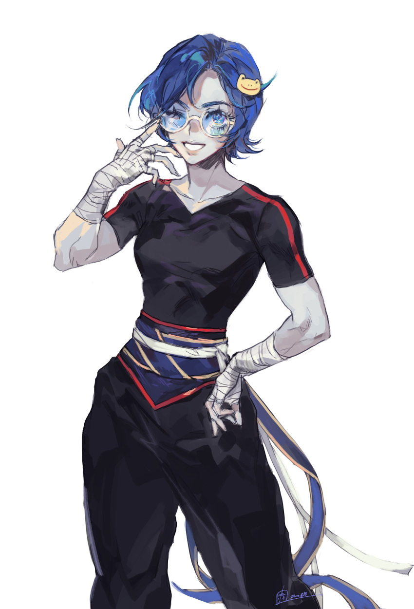 1girl absurdres akame_(chokydaum) bandaged_fingers bandaged_hand bandages bangs blue_hair frog_hair_ornament hair_between_eyes hair_ornament highres looking_at_viewer may_lee shirt short_hair skin_tight smile snk sunglasses the_king_of_fighters the_king_of_fighters_2001 the_king_of_fighters_2002 the_king_of_fighters_xv