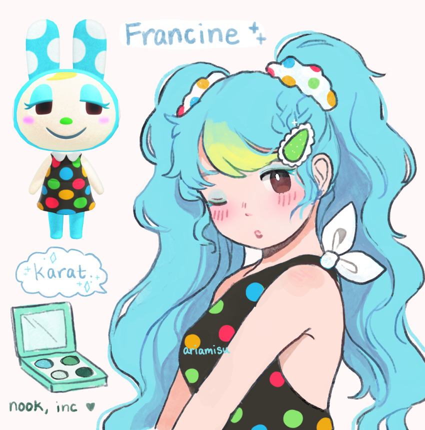 1girl animal_crossing aqua_eyes aqua_hair ariamisu character_name dress francine_(animal_crossing) humanization long_hair looking_at_viewer one_eye_closed parted_lips personification polka_dot polka_dot_dress scrunchie solo source_request very_long_hair wavy_hair