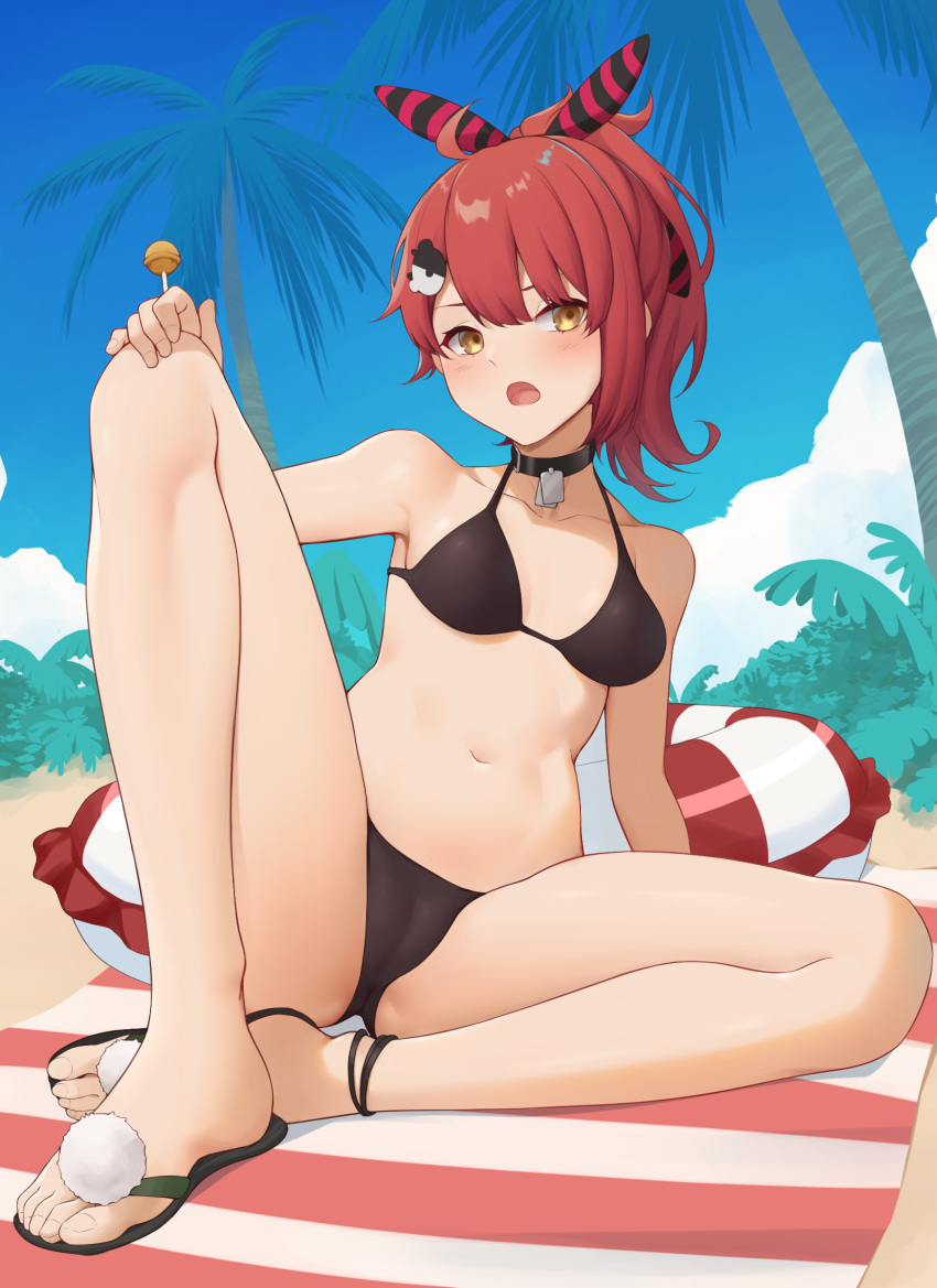 1girl act_(xadachit) bangs bare_legs bare_shoulders beach_towel bikini black_bikini black_choker blue_sky breasts candy choker collarbone commission day flip-flops food girls'_frontline hair_ornament hairclip hand_on_own_knee highres holding holding_food innertube lollipop looking_at_viewer mp7_(girls'_frontline) navel open_mouth outdoors palm_tree red_hair sandals short_hair short_ponytail sitting sky small_breasts solo swimsuit towel tree yellow_eyes