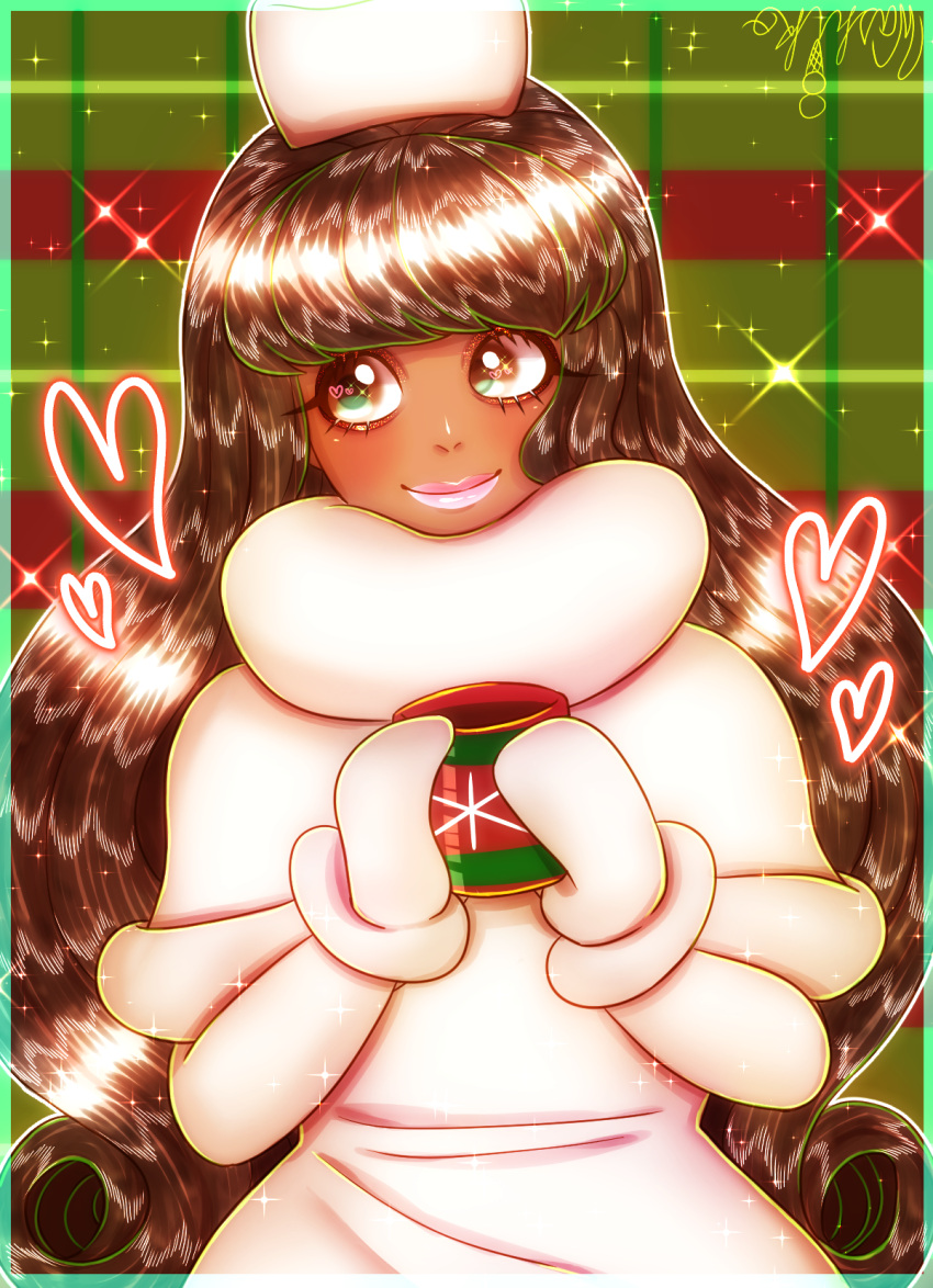 1girl artist_name blush brown_eyes brown_hair cocoa_cookie commentary cookie_run cup dark-skinned_female dark_skin english_commentary fur_trim gloves hat heart heart_background highres holding humanization long_hair looking_at_viewer mug personification print_mug smile smug snowflake_print solo tan upper_body washiko white_gloves