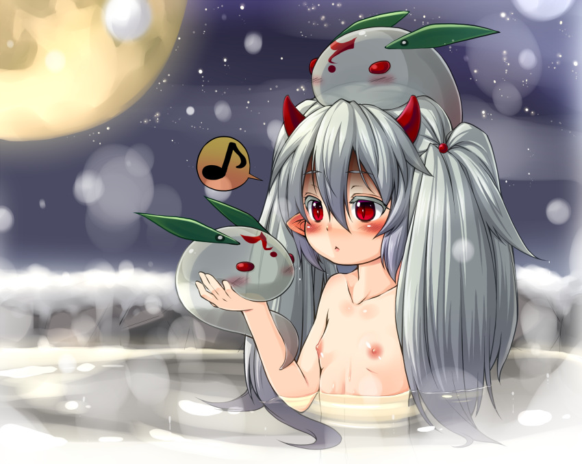 1girl bangs blush breasts closed_mouth commentary_request duel_monster full_moon ghost_ogre_&amp;_snow_rabbit greyscale hair_between_eyes highres horns kitsunerider long_hair looking_afar monochrome moon musical_note nipples onsen pointy_ears red_eyes red_horns small_breasts snow snowing solo spoken_musical_note steam twintails upper_body yu-gi-oh!