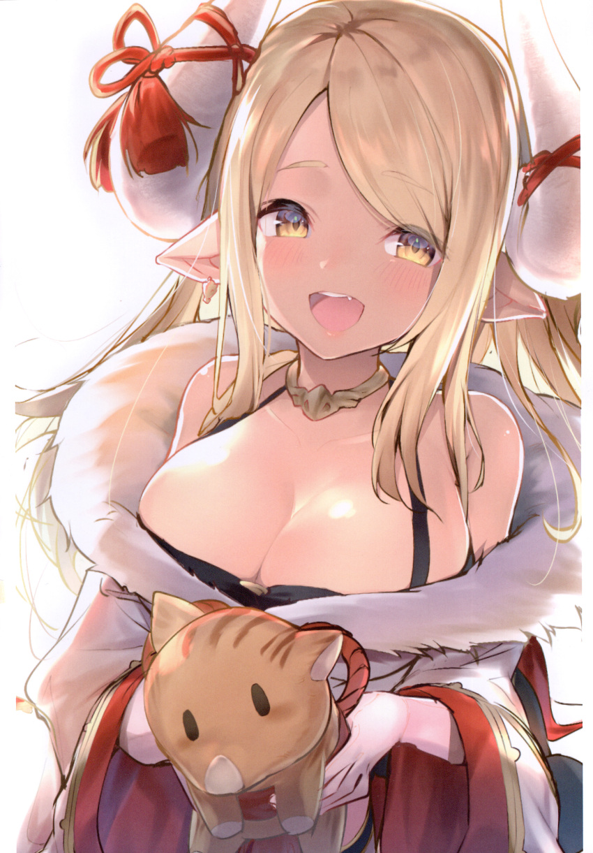 1girl absurdres animal bangs bare_shoulders blush boar breasts cleavage collar collarbone dark-skinned_female dark_skin draph granblue_fantasy highres holding horns japanese_clothes kumbhira_(granblue_fantasy) large_breasts lips long_hair looking_at_viewer open_mouth pointy_ears scan shiny shiny_hair shiny_skin simple_background smile solo teeth topia upper_body upper_teeth white_background wide_sleeves