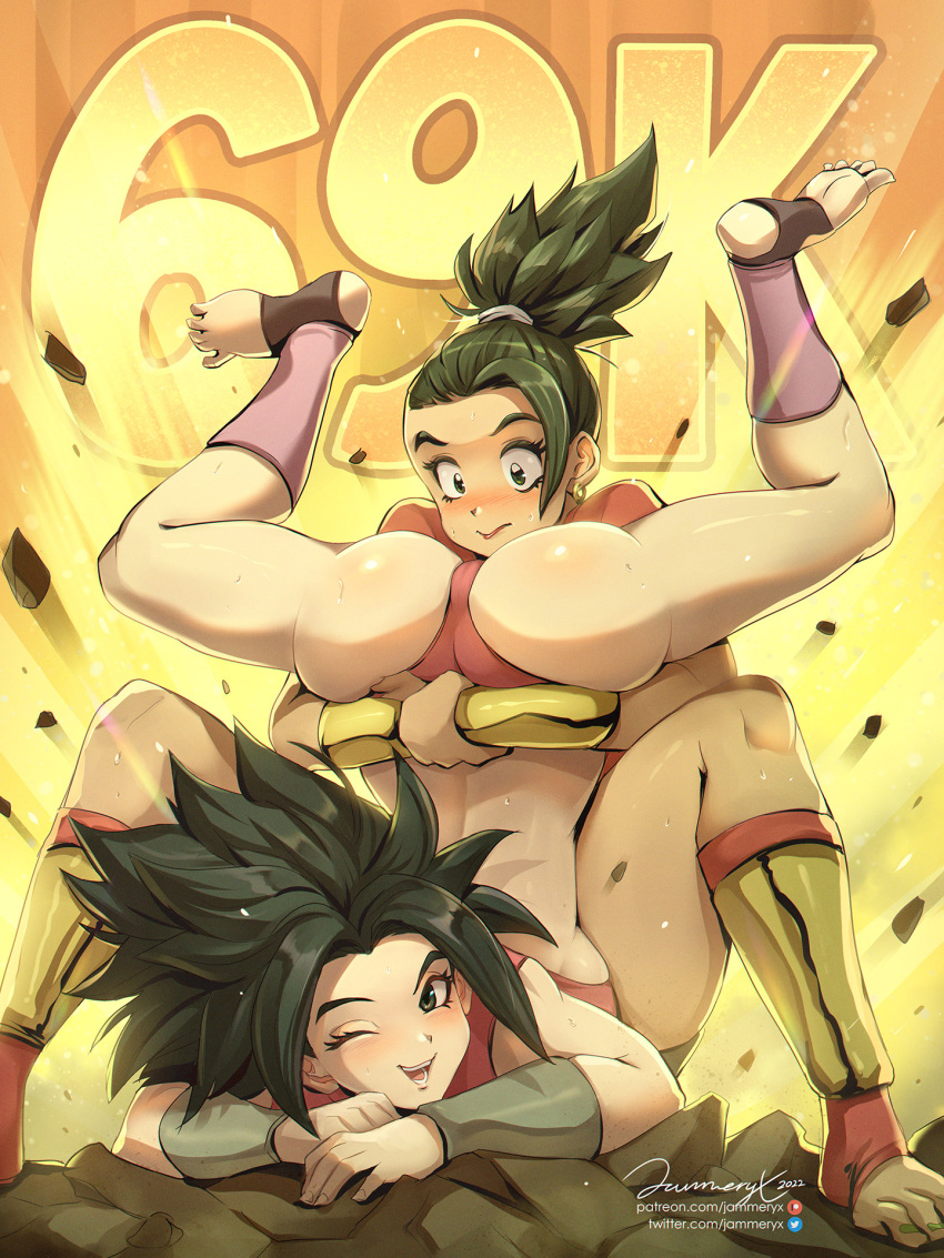 2girls ass black_hair blush bracer caulifla dragon_ball dragon_ball_super highres jammeryx kale_(dragon_ball) looking_at_viewer milestone_celebration multiple_girls panties piledriver_(wrestling) saiyan smile spiked_hair toeless_legwear top-down_bottom-up underwear yuri