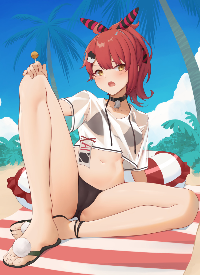 1girl act_(xadachit) bangs bare_legs beach_towel bikini bikini_under_clothes black_bikini black_choker blue_sky breasts candy choker collarbone commission crop_top day flip-flops food girls'_frontline hair_ornament hairclip hand_on_own_knee highres holding holding_food innertube lollipop looking_at_viewer mp7_(girls'_frontline) navel open_mouth outdoors palm_tree red_hair sandals see-through short_hair short_ponytail short_sleeves sitting sky small_breasts solo swimsuit towel tree yellow_eyes