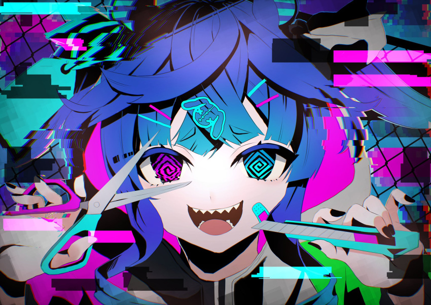 1girl @_@ animal_ears bangs black_nails blue_eyes blue_hair boxcutter chain-link_fence crossed_bangs fence glitch hair_ornament hairclip hands_up heterochromia highres holding holding_scissors hood hoodie horse_ears long_hair looking_at_viewer open_mouth purple_eyes scissors sharp_teeth smile solo teeth toa510 twin_turbo_(umamusume) twintails umamusume