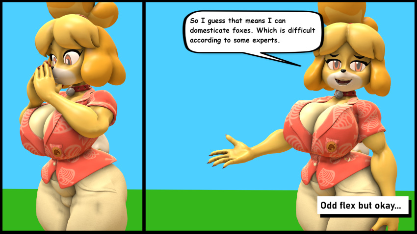 2022 3d_(artwork) abstract_background animal_crossing anthro athletic athletic_anthro athletic_gynomorph athletic_intersex bell big_breasts blonde_hair breasts bulge canid canine canis cleavage clothed clothing collar curvaceous curvy_figure dialogue digital_drawing_(artwork) digital_media_(artwork) domestic_dog dress_shirt english_text fingers floppy_ears fur gynomorph hair hi_res hourglass_figure huge_breasts intersex isabelle_(animal_crossing) khaki_pants looking_at_viewer mammal multicolored_body multicolored_fur muscular muscular_anthro muscular_gynomorph muscular_intersex nintendo orange_eyes outside shih_tzu shirt short_hair simple_background small_waist solo source_filmmaker standing talking_to_viewer text thick_thighs topwear toy_dog two_tone_body two_tone_fur vaultlad video_games voluptuous white_body white_fur wide_hips yellow_body yellow_fur