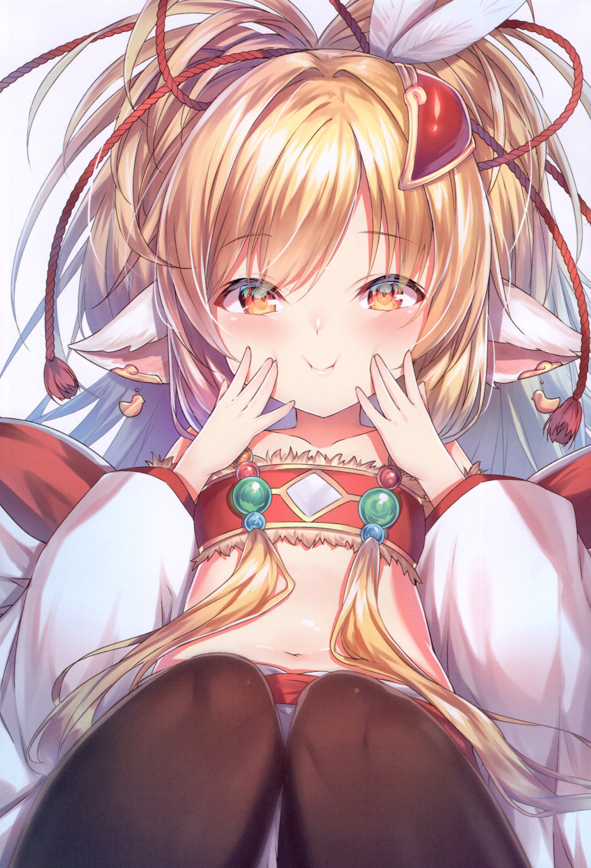 1girl absurdres blonde_hair blush closed_mouth earrings feathers flat_chest fur_trim granblue_fantasy hair_ornament hands_up harvin highres jewelry long_hair looking_at_viewer mahira_(granblue_fantasy) navel orange_eyes pantyhose pointy_ears scan sidelocks simple_background smile solo stomach topia white_background