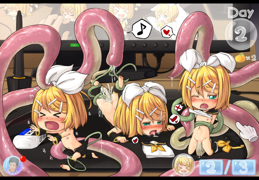 &gt;_&lt; 3girls bangs biting black_shorts black_sleeves blonde_hair blue_eyes blush bow chibi commentary_request cum cum_in_pussy detached_sleeves drawing_tablet eraser excessive_cum finger_biting flat_chest fourth_wall full_body gachimuchi gloves hair_bow hair_ornament hairclip highres kagamine_rin kitsunerider leg_warmers looking_afar looking_at_viewer looking_to_the_side monitor mouse_(computer) multiple_girls musical_note nipples one_eye_closed open_mouth pen pussy sailor_collar shirt short_hair shorts single_glove sleeveless sleeveless_shirt smile spoken_musical_note spoken_sweatdrop sweatdrop swept_bangs tentacle_sex tentacles uncensored vaginal van_darkholme vocaloid white_bow white_shirt yukkuri_shiteitte_ne