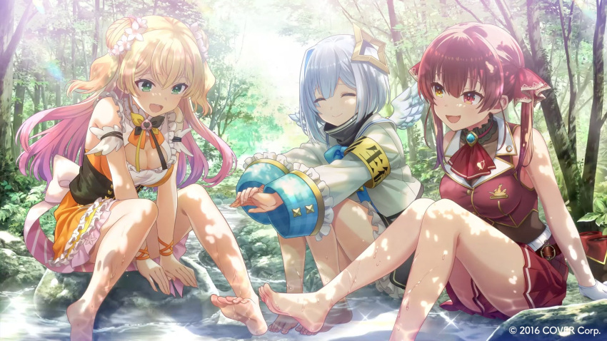 3girls :d amane_kanata angel_wings arm_garter armband artist_request ascot asymmetrical_hair bangle bare_legs barefoot belt black_shirt black_skirt blonde_hair blue_bow blue_hair blush bow bracelet breasts brooch cleavage closed_eyes closed_mouth collar colored_inner_hair commentary corset cropped_jacket dappled_sunlight day double_bun dress english_commentary flower foot_out_of_frame forest frilled_collar frilled_dress frilled_skirt frills full_body gloves gradient_hair green_eyes grey_hair grey_jacket hair_bun hair_flower hair_ornament hair_ribbon halo heterochromia highres hololive houshou_marine jacket jewelry knees_together_feet_apart long_hair looking_at_another looking_down medium_breasts miniskirt momosuzu_nene multicolored_hair multicolored_ribbon multiple_girls nature neck_ribbon official_art open_mouth orange_dress outdoors outstretched_arms own_hands_together pink_hair pleated_skirt red_ascot red_eyes red_hair red_jacket red_ribbon red_skirt ribbon sailor_collar second-party_source shirt shoes shoes_removed short_hair single_hair_intake sitting skirt sleeveless sleeveless_dress sleeveless_jacket smile soaking_feet soles streaked_hair stream sunlight thighs turtleneck twintails two_side_up underbust virtual_youtuber water watermark wet white_bow white_gloves wide_sleeves wings yellow_eyes