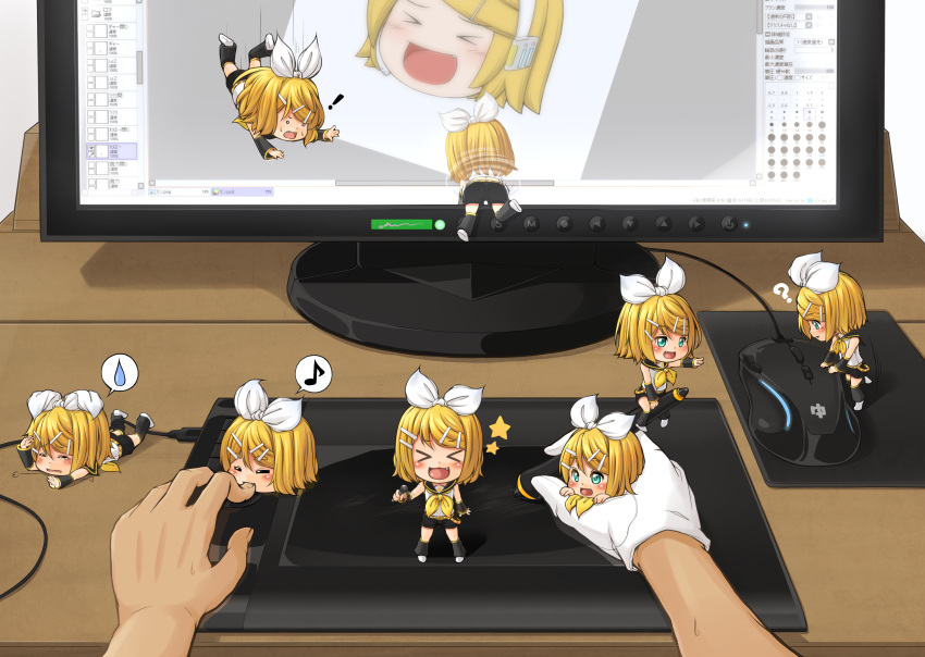 ! &gt;_&lt; 6+girls artist_self-insert bangs biting black_shorts black_sleeves blonde_hair blue_eyes blush bow chibi commentary_request detached_sleeves drawing_tablet falling finger_biting fourth_wall full_body gloves hair_bow hair_ornament hairclip highres kagamine_rin kitsunerider leg_warmers looking_afar looking_at_viewer looking_to_the_side monitor mouse_(computer) multiple_girls musical_note open_mouth painttool_sai pen pov pov_hands sailor_collar shirt short_hair shorts single_glove sleeveless sleeveless_shirt smile spoken_exclamation_mark spoken_musical_note spoken_sweatdrop sweatdrop swept_bangs through_screen vocaloid white_bow white_gloves white_shirt yukkuri_shiteitte_ne