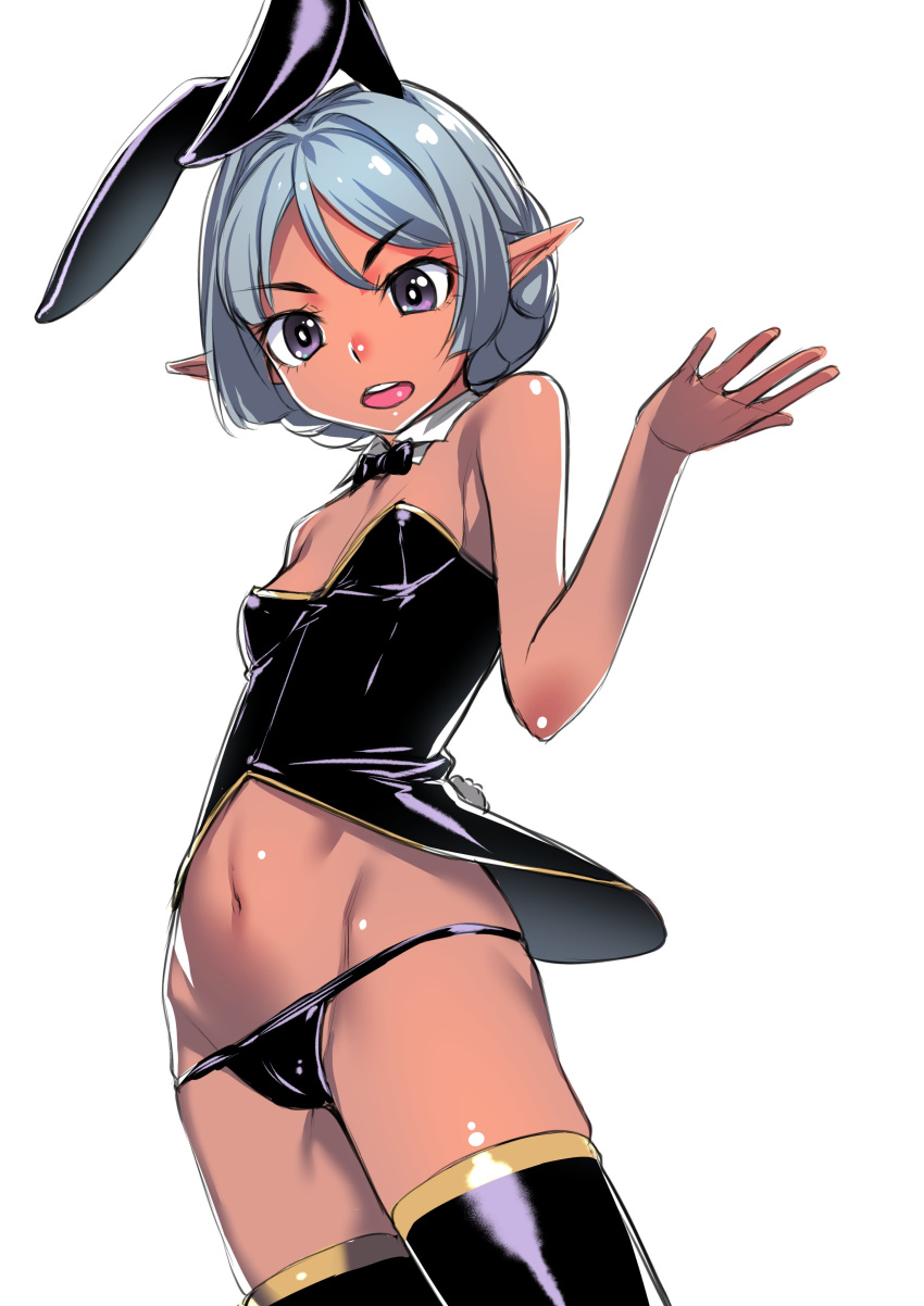 1girl absurdres animal_ears bare_shoulders black_panties black_thighhighs bow bowtie breasts cowboy_shot dark-skinned_female dark_elf dark_skin detached_collar elf gold_trim grey_hair h_kasei hand_up highres looking_at_viewer lowleg lowleg_panties navel nontraditional_playboy_bunny open_mouth original panties playboy_bunny pointy_ears purple_eyes rabbit_ears short_hair simple_background small_breasts solo thighhighs underwear white_background