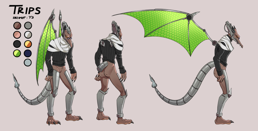 absurd_res anthro ass_freckles bottomless brown_body butt clothed clothing eyeshadow eyewear glasses hi_res hunched_over makeup male mechanical_dragon model_sheet pajarona paws solo space_dragon_(metroid) sweater tall topwear trips_the_ridley wings
