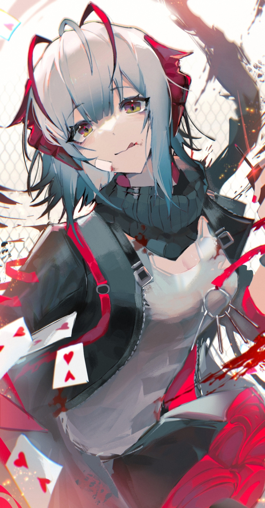 1girl :q antenna_hair arknights bandage_on_face bandages bangs black_jacket black_scarf blunt_bangs blurry breasts buckle camisole card chromatic_aberration depth_of_field fence green_eyes grey_hair highres horns jacket key licking_lips light_particles looking_at_viewer multicolored_hair playing_card red_hair red_horns scarf single_sidelock small_breasts solo streaked_hair taoer. tongue tongue_out upper_body w_(arknights) white_camisole zipper