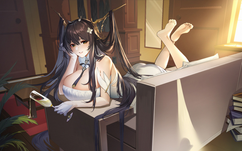 1girl absurdres arm_cuffs ass azur_lane bangs bare_shoulders barefoot black_hair book book_stack breasts champagne_flute cup detached_collar door dress drinking_glass feet feet_up gloves grin hair_between_eyes highres holding holding_cup horns huge_breasts indomitable_(azur_lane) indoors long_hair looking_at_viewer lying on_stomach parted_lips plant smile solo strapless strapless_dress table the_pose toes very_long_hair white_dress white_gloves yellow_eyes yin_lan_xue