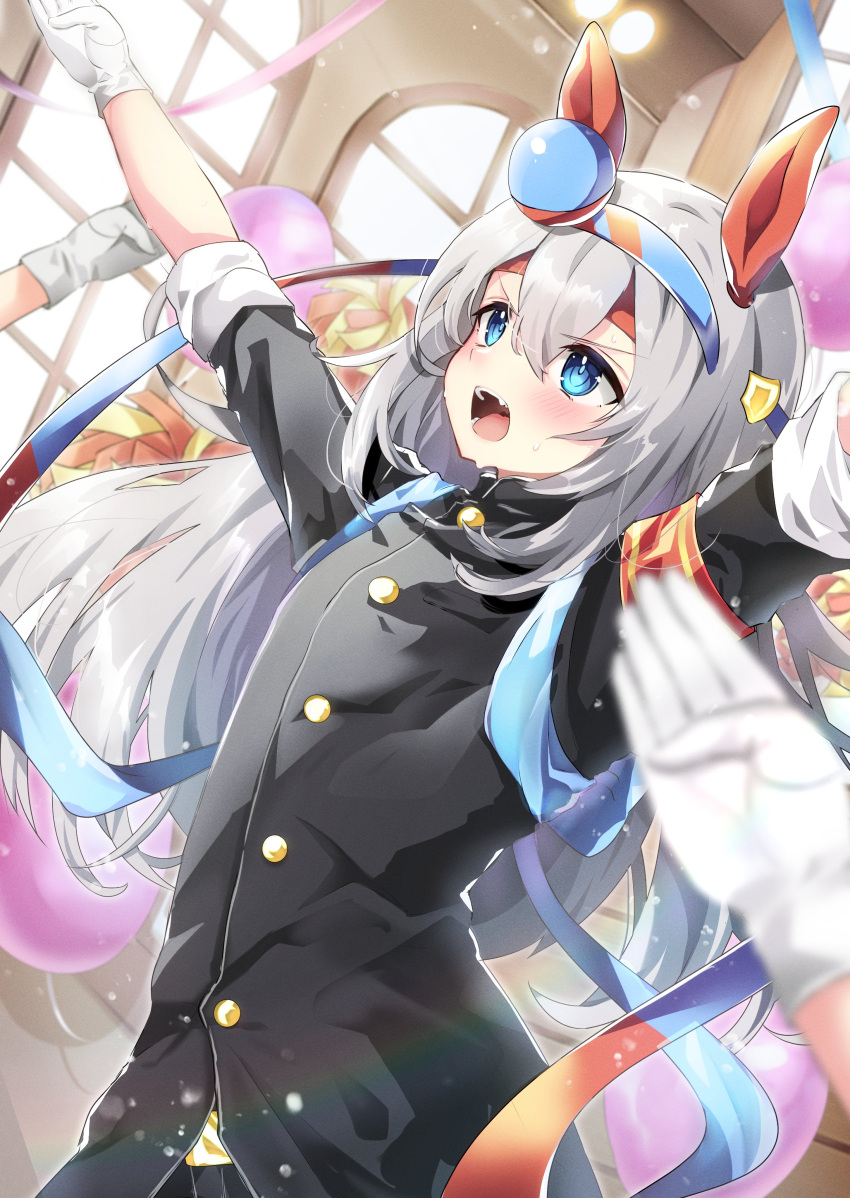 1girl absurdres alternate_costume animal_ears arms_up balloon bangs black_jacket blue_eyes blurry blurry_foreground blush buttons gloves grey_hair hair_between_eyes hairband headband highres horse_ears indoors jacket kotobumi_mugina long_hair open_mouth ouendan out_of_frame outstretched_arms people pom_pom_(cheerleading) sleeves_rolled_up spread_arms standing streamers sweat tamamo_cross_(umamusume) teeth umamusume v-shaped_eyebrows white_gloves window