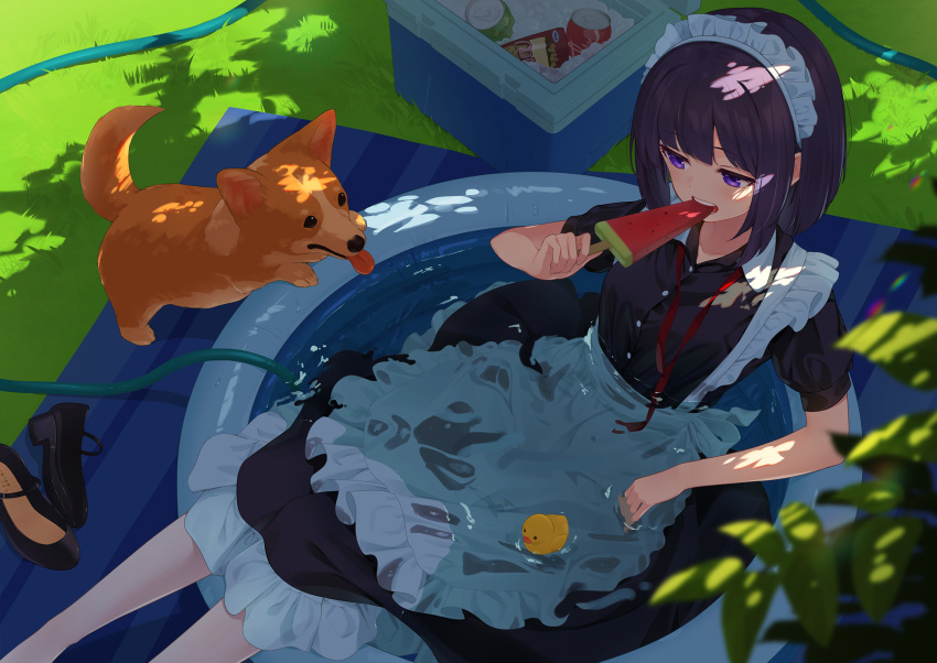 1girl animal apron bangs black_dress black_hair blush can clothed_bath collared_dress commentary_request cooler day dog dress feet_out_of_frame food frilled_apron frilled_dress frills highres holding holding_food hose kanpa_(campagne_9) maid maid_headdress original outdoors partially_submerged popsicle puffy_short_sleeves puffy_sleeves purple_eyes shade short_hair short_sleeves solo teeth upper_teeth wading_pool watermelon_bar wet wet_apron wet_clothes wet_dress white_apron