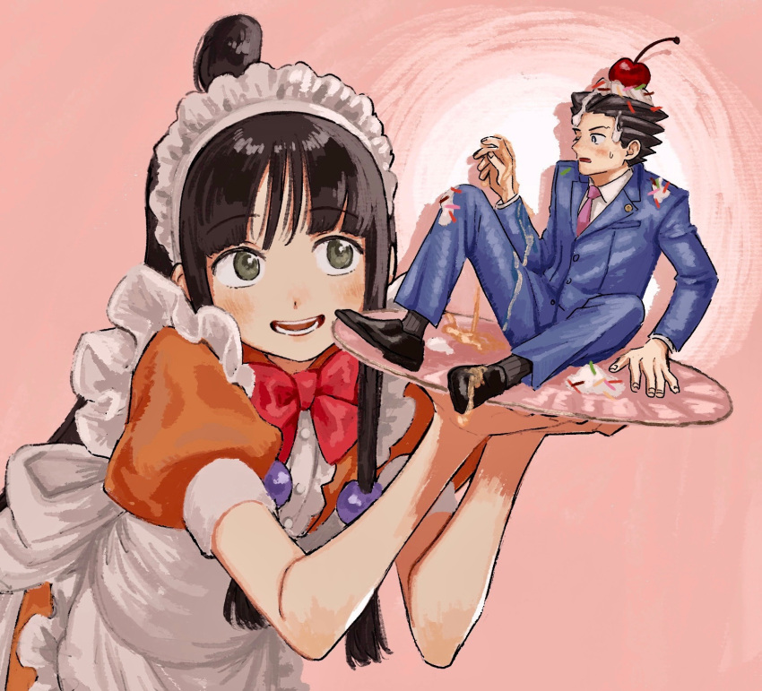 1boy 1girl ace_attorney alternate_costume apron bangs black_hair blue_jacket blue_pants bow bowtie cherry commentary dress food frilled_apron frills fruit green_eyes hair_bobbles hair_ornament half_updo highres holding holding_tray jacket long_hair long_sleeves maya_fey necktie one_eye_closed open_mouth orange_dress pants phoenix_wright pink_necktie puffy_short_sleeves puffy_sleeves red_bow red_bowtie renshu_usodayo short_sleeves simple_background sitting spiked_hair sweat symbol-only_commentary tray whipped_cream white_apron