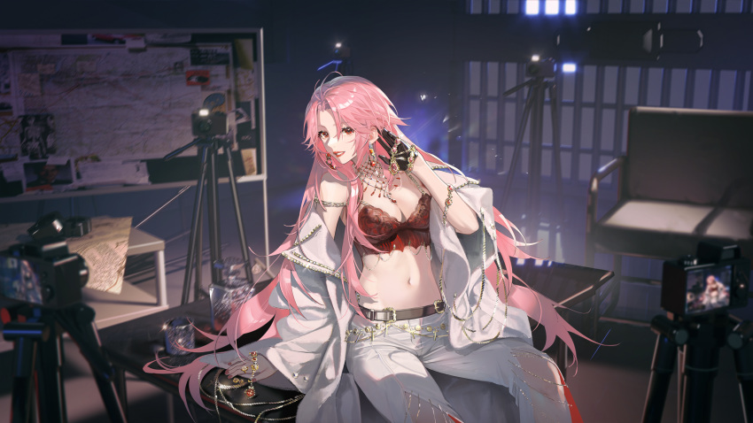 1girl bangs belt black_gloves bracelet breasts brown_belt bulletin_board camera cleavage coat crop_top earrings gloves highres indoors jewelry koi_han large_breasts long_hair looking_at_viewer midriff nail_polish navel necklace off_shoulder open_clothes open_coat pants parted_lips pink_hair pink_nails red_eyes ring single_glove sitting sitting_on_table solo tripod very_long_hair white_coat white_pants wide_sleeves wuqi_mitu