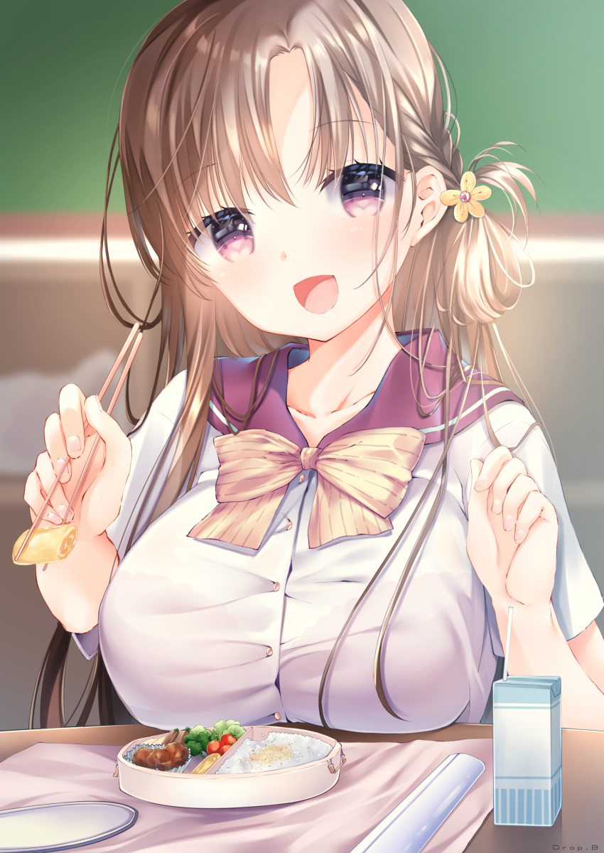 1girl :d bangs bento blurry blurry_background breast_rest breasts broccoli brown_hair chalkboard cherry_tomato chopsticks collarbone drop.b forehead hair_ornament hair_over_shoulder highres holding holding_chopsticks indoors large_breasts long_hair looking_at_viewer milk_carton mixed-language_commentary omelet one_side_up open_mouth original parted_bangs pink_eyes rice school_uniform serafuku shirt smile solo table tamagoyaki taut_clothes taut_shirt tomato uniform