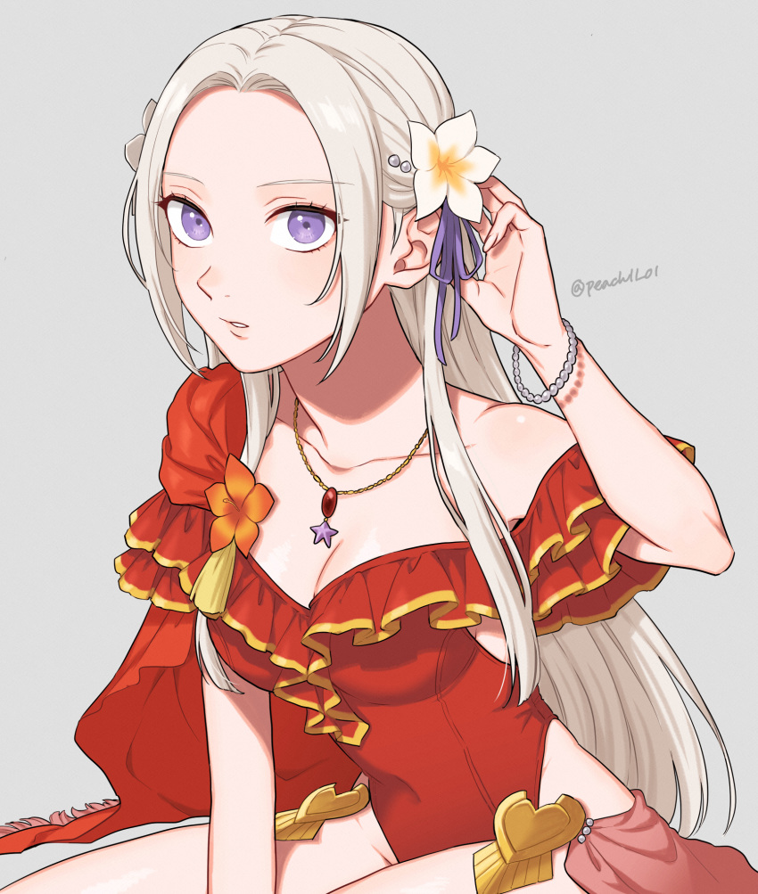 1girl alternate_costume breasts cape collarbone commentary_request covered_navel edelgard_von_hresvelg fire_emblem fire_emblem:_three_houses fire_emblem_heroes flower forehead frilled_swimsuit frills grey_background hair_flower hair_ornament hair_ribbon highres long_hair looking_at_viewer medium_breasts official_alternate_costume one-piece_swimsuit parted_lips peach11_01 purple_eyes purple_ribbon red_cape red_swimsuit ribbon simple_background sitting solo swimsuit twitter_username white_flower white_hair