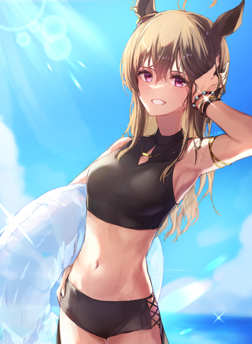 1girl absurdres ahoge ameria_(artist) animal_ears arm_at_side bangs bikini bikini_shorts black_bikini bracelet breasts brown_hair cowboy_shot day glint hand_in_own_hair hand_on_hip highres horse_ears innertube jewelry long_hair looking_at_viewer nakayama_festa_(entrust_myself_to_the_dice)_(umamusume) nakayama_festa_(umamusume) navel necklace outdoors purple_eyes shorts small_breasts smile solo standing sunlight swimsuit teeth twitter_username umamusume wet