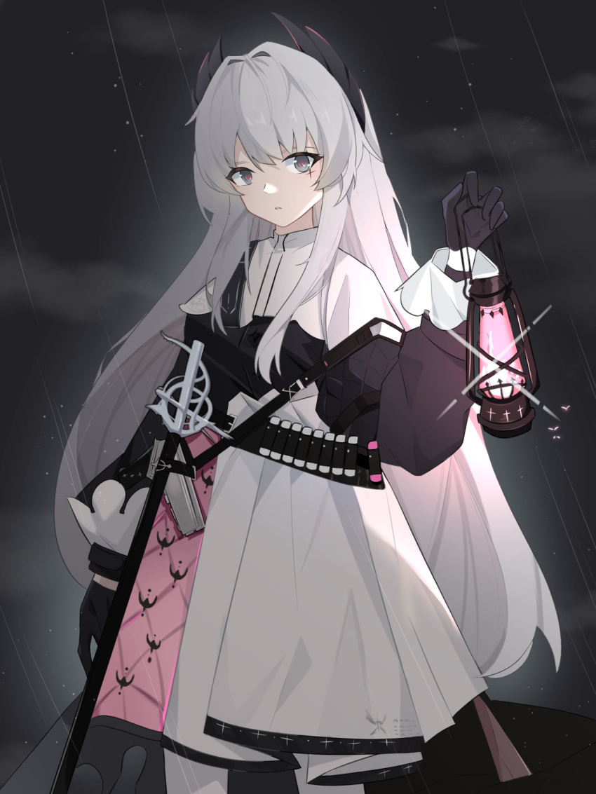 1girl arknights bangs black_gloves black_jacket capelet cloud commentary_request gloves grey_eyes grey_hair hair_intakes highres holding holding_lantern horns irene_(arknights) jacket lantern long_hair long_sleeves looking_at_viewer night night_sky outdoors pantyhose parted_lips pleated_skirt puffy_long_sleeves puffy_sleeves rain scar scar_on_face skirt sky solo twilight_(cgkk4357) very_long_hair white_capelet white_pantyhose white_skirt