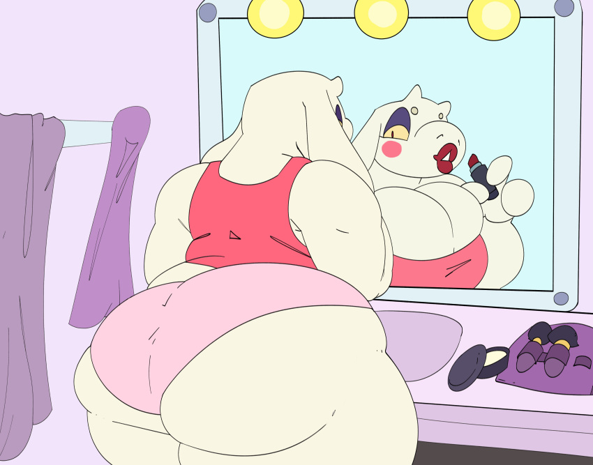 absurd_res anthro big_breasts big_butt boss_monster bovid breasts bun-e butt caprine cleavage clothed clothing female goat half-closed_eyes hi_res horn huge_breasts huge_butt huge_thighs lipstick makeup mammal mirror narrowed_eyes panties shirt solo tank_top thick_thighs topwear toriel undertale undertale_(series) underwear video_games white_body wide_hips
