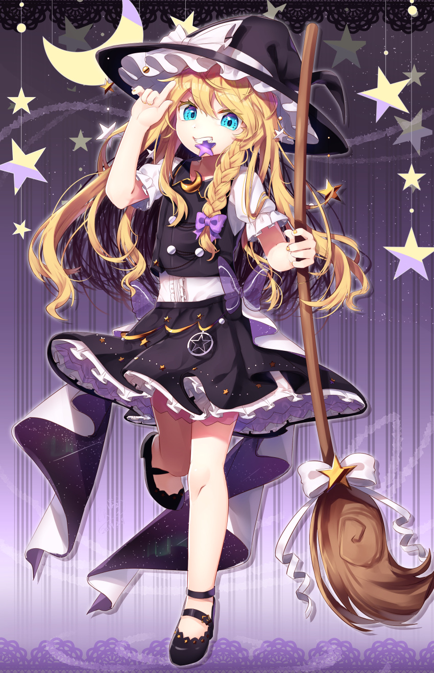 1girl absurdres black_footwear black_skirt blonde_hair blue_eyes bow braid broom clip_studio_paint_(medium) commentary_request crescent crescent_pin full_body gold_nails gunjou_row hair_bow hat highres kirisame_marisa long_hair mouth_hold nail_polish skirt solo standing standing_on_one_leg star_(symbol) starry_background touhou witch_hat