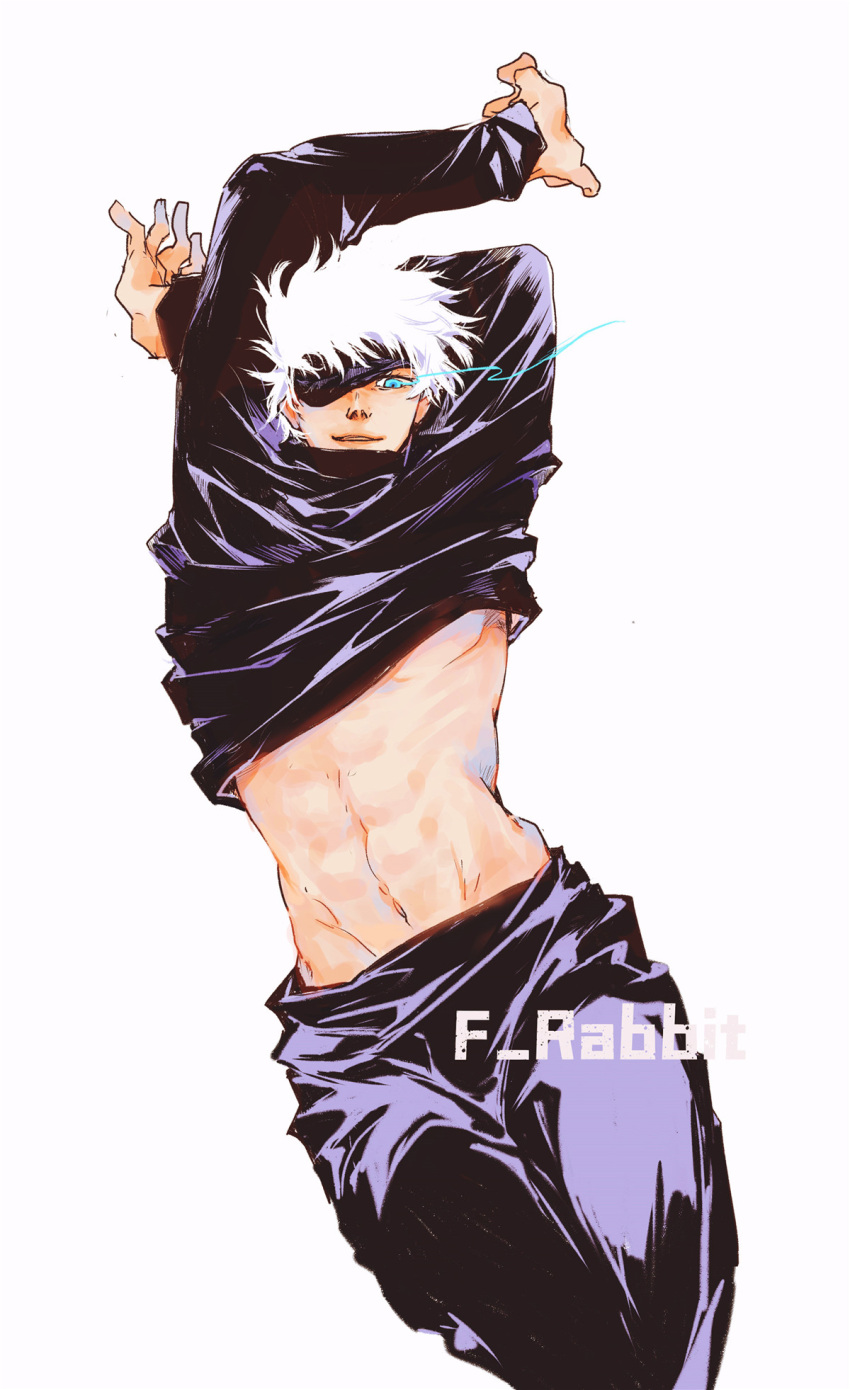 1boy abs arms_up artist_name black_blindfold black_jacket black_pants blindfold blindfold_lift blue_eyes commentary_request f_rabbit gojou_satoru high_collar highres jacket jacket_lift jujutsu_kaisen long_sleeves looking_at_viewer male_focus navel one_eye_covered pants parted_lips short_hair smile solo toned toned_male white_background white_hair