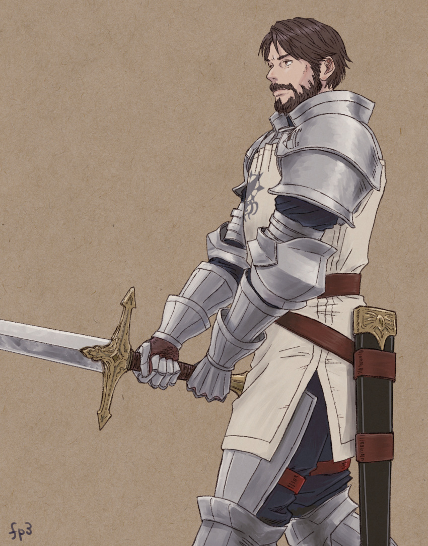 1boy armor beard brown_background brown_eyes brown_hair facial_hair gauntlets guildus_winzalf_burn highres holding holding_sword holding_weapon male_focus mustache sheath simple_background solo standing sword tactics_ogre weapon windcaller