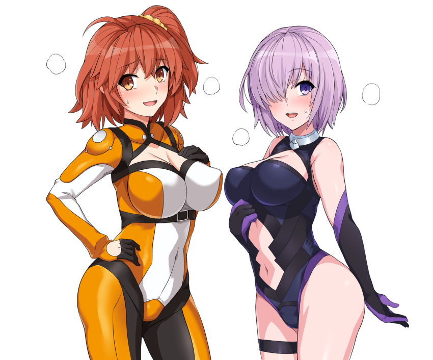 2girls ahoge bangs bare_shoulders black_gloves black_leotard blush bodysuit breasts cleavage cleavage_cutout clothing_cutout covered_navel elbow_gloves fate/grand_order fate_(series) fujimaru_ritsuka_(female) fujimaru_ritsuka_(female)_(chaldea_combat_uniform) gloves hair_ornament hair_over_one_eye hair_scrunchie haruhisky highleg highleg_leotard highres large_breasts leotard light_purple_hair looking_at_viewer mash_kyrielight multiple_girls navel navel_cutout one_side_up open_mouth orange_bodysuit orange_eyes orange_hair orange_scrunchie purple_eyes purple_gloves scrunchie short_hair smile thigh_strap thighs