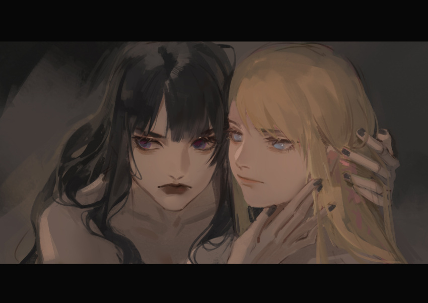 2girls absurdres bangs black_hair black_nails blonde_hair blue_eyes closed_mouth collarbone commentary final_fantasy final_fantasy_xiv gaia_(ff14) hand_on_another's_head highres letterboxed long_hair multiple_girls nail_polish red_lips ryne shuangbatian upper_body